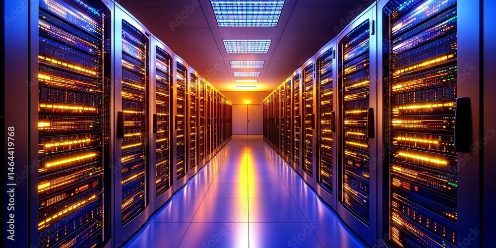 Poster High-Tech Data Center with Illuminated Server Racks and Dynamic Light Trails Representing Data Flow and Connectivity in Modern IT Infrastructure