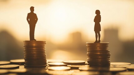 Silhouette of man and woman standing on stacks of coins representing gender pay inequality concept