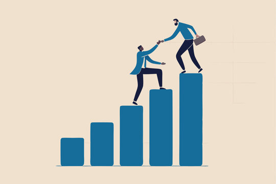 Manager support to achieve target, mentor or coaching to success in work, trusted partnership or team collaboration concept, success businessman support team member giving hand to help reach target.
