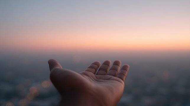 lone hand reaching out with hope against soft-focus cityscape suggests silent struggles against poverty - Powered by Adobe