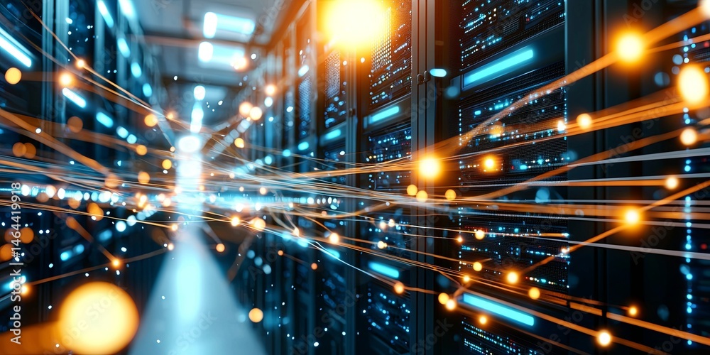 Aufkleber Futuristic Data Center with Bright Lights and Digital Connections Showcasing Advanced Technology and Network Infrastructure in an High-Tech Environment