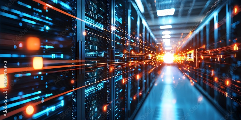 Leinwandbilder Futuristic Data Center with Bright Lights and Digital Connections Showcasing Advanced Technology and Network Infrastructure in an High-Tech Environment