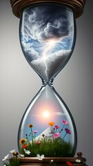  Life's Dichotomy: Stormy Skies and Sunny Fields in Hourglass
Concept of contrast, journey, appreciation