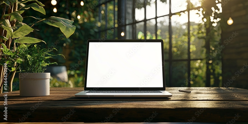 Poster blank laptop screen on rustic wooden table in abandoned industrial space with large windows and dram
