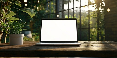 Fototapeta premium Blank Laptop Screen on Rustic Wooden Table in Abandoned Industrial Space with Large Windows and Dramatic Natural Light Filtered In
