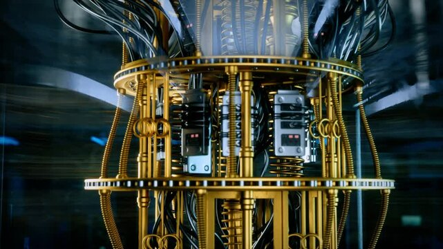 Modern Quantum Computer with Gold Framework and Advanced Wiring and Cooling Systems Suspended Behind Glass. Quantum Technology at Work in a High-tech Laboratory Environment. Close Up Rotating Arc Shot