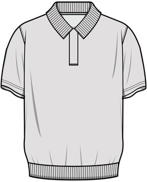 Knit Polo Collar T-Shirt with Rib Waist  Fashion Flat Sketch Vector Illustration, CAD, Technical Drawing, Flat Drawing, Template, Mockup.