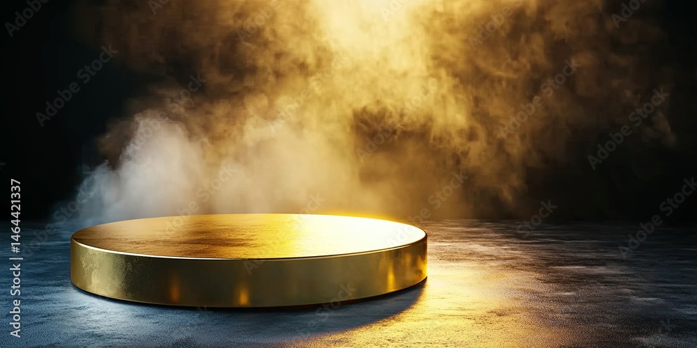 Poster Golden Circular Platform on Dark Background with Dramatic Lighting and Soft Smoke, Ideal for Product Displays and Creative Concepts