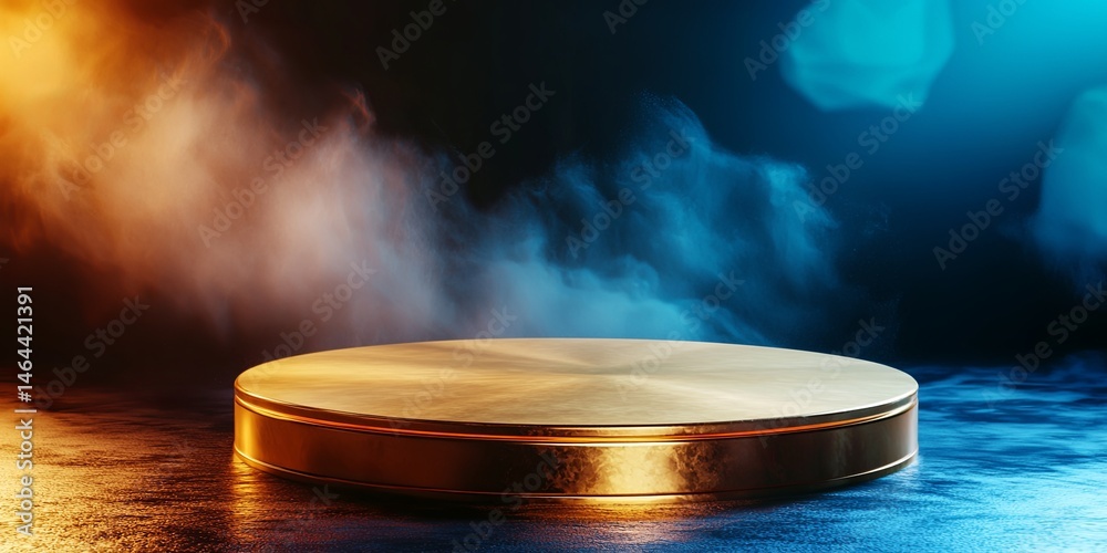 Aufkleber golden circular platform on dark background with dramatic lighting and soft smoke, ideal for product