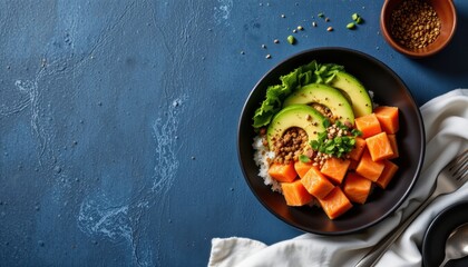 minimalist food photography of a poke bowl on a black dish, salmon with avocado and sesame, soft navy background