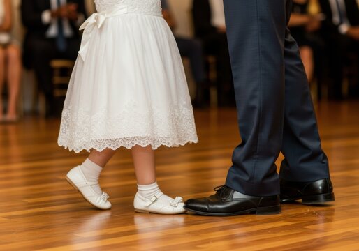 A little girl in white dress dancing with a man in a suit on a wooden dance floor at a wedding party