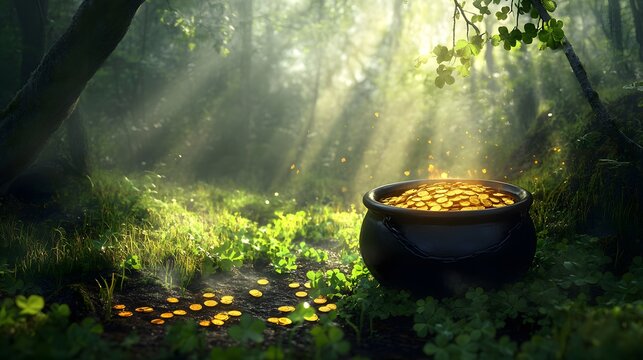 Sunlight streams through a mystical forest onto a cauldron of gold.