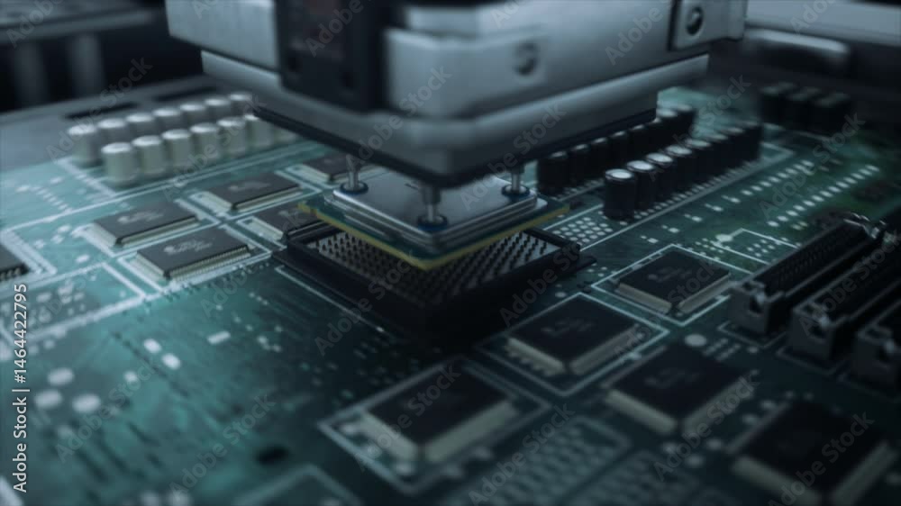 Poster Automated Robotic Arms Assembling Circuit Boards on a Conveyor Belt. Futuristic Concept Visualization: Digital Visualization with a Chip with Blue Electric Lines and a Security Padlock Icon