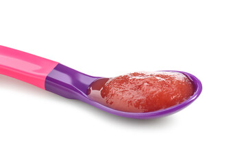 Baby food. Tasty puree in spoon isolated on white