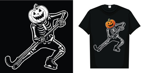 Skeleton Ice Hockey Halloween Pumpkin Hockey Mens Boys Kids T-Shirt