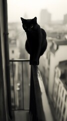 Cat Noir balancing on a narrow railing above the city