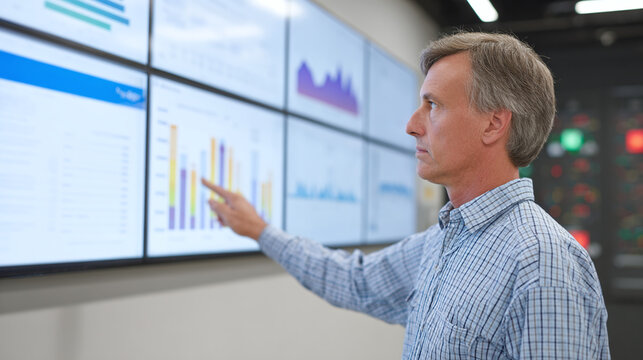 Businessman Examining Data on Large Screens