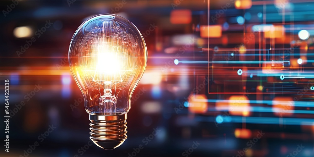 Leinwandbilder Glowing Light Bulb Emitting Warm Light in a Technological Background with Bright Bokeh Effects and Data Streams for Innovation and Creativity Concepts
