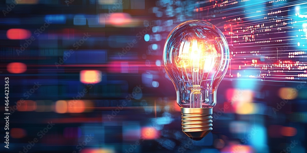 Poster Glowing Light Bulb Emitting Warm Light in a Technological Background with Bright Bokeh Effects and Data Streams for Innovation and Creativity Concepts