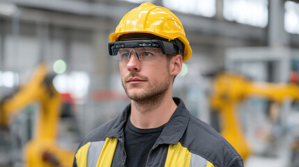 Focused Industrial Worker with AR Glasses