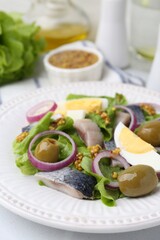Delicious salad with herring, egg, mustard and vegetables on white table, closeup