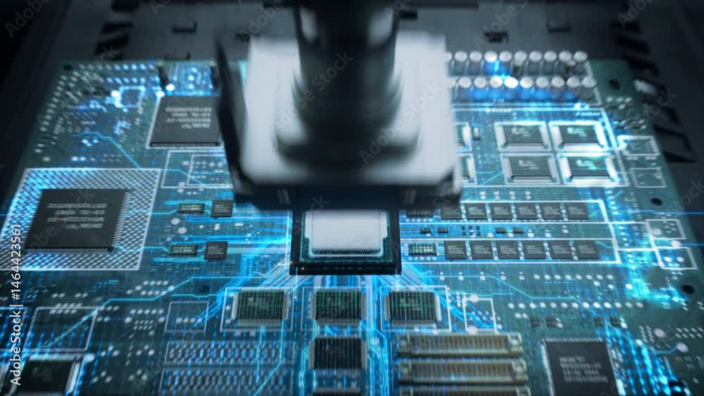 Fototapete Advanced Technology Concept with Robotic Arms Conveyor Producing Circuit Boards and Inserting Electronic Chips. Artificial Intelligence Digitization Process with Blue Lines of Data Flow. Flying Camera