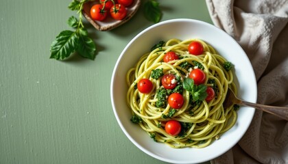 minimalist food photography of a zucchini noodles on a white bowl, pesto with cherry tomatoes, soft green background