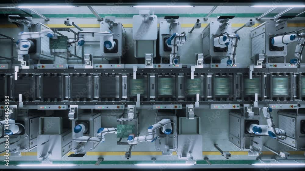Fototapete Industrial Robots Producing Circuit Boards on a Conveyor Belt, Implementing Microchips. Automation Without Technicians and Engineers in a Futuristic Manufacturing Facility. Top Down Footage