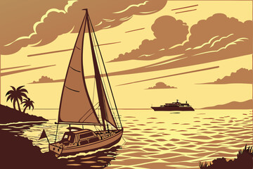 Naklejka premium 89 Sailboat at sunset, golden hour on calm sea, silhouette of yacht, dramatic sky, sun reflecting on water, peaceful ocean scene, photorealistic, high detail, warm color palette, serene atmosphere, ci
