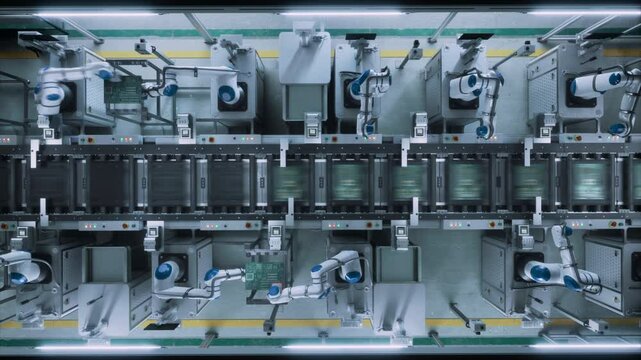 Industrial Robots Producing Circuit Boards on a Conveyor Belt, Implementing Microchips. Automation Without Technicians and Engineers in a Futuristic Manufacturing Facility. Top Down Footage