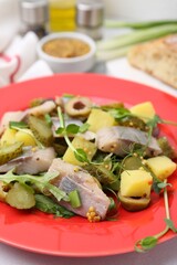 Delicious salad with herring on white table, closeup