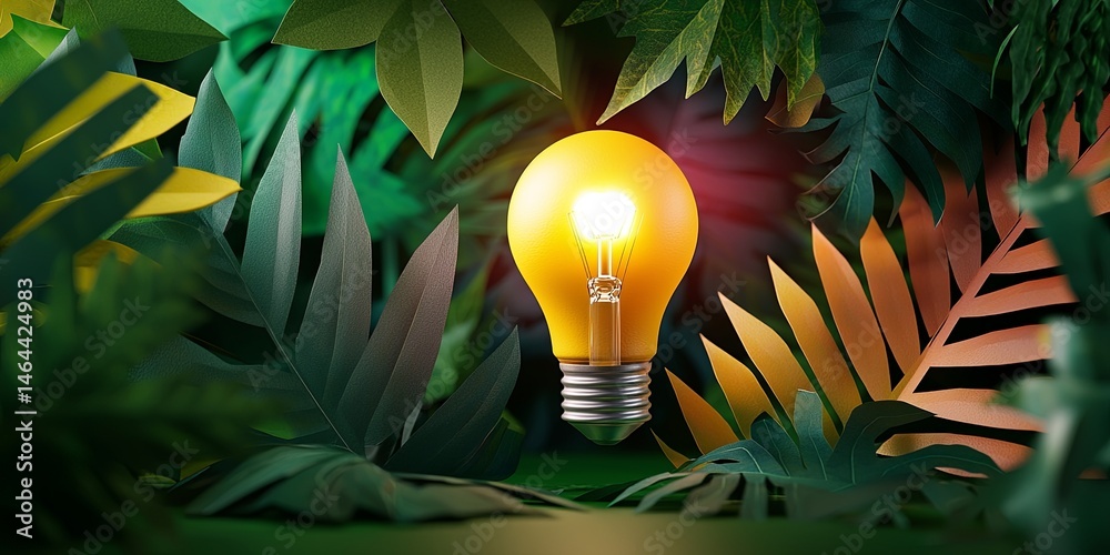 Aufkleber A Beautifully Crafted Light Bulb Surrounded by Colorful Paper Leaves in a Vibrant and Artistic Jungle Setting for Creative and Inspirational Projects