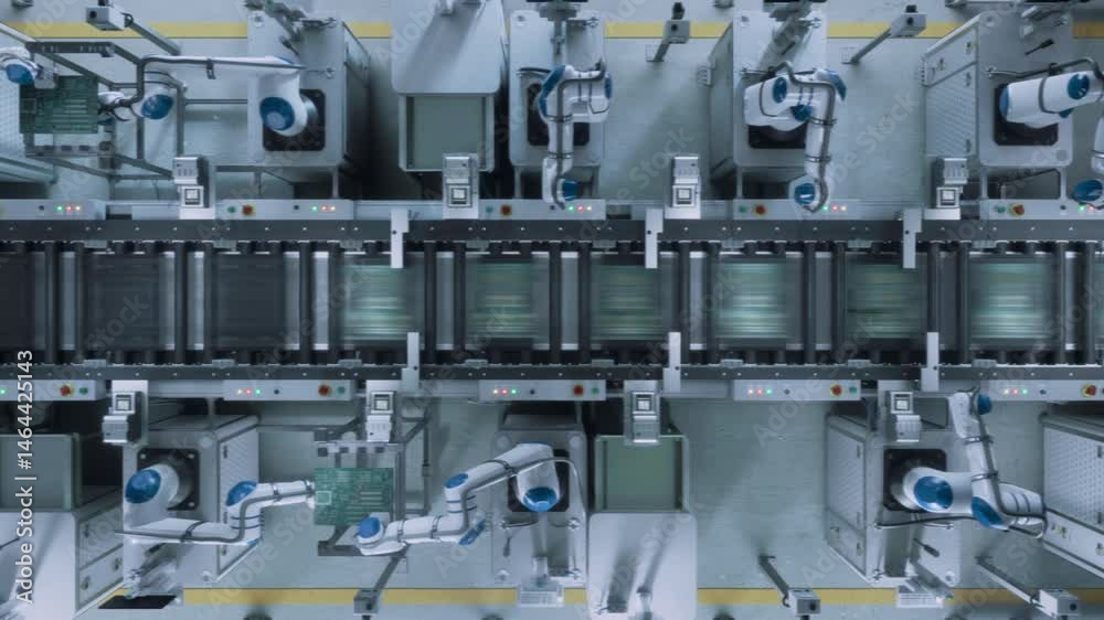 Poster Automated Robotic Arms Assembling Circuit Boards on a Conveyor. Microelectronics Manufacturing in a Modern Facility. High-Tech Technology Production in a Futuristic Industrial Environment. Top Down