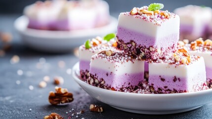This image showcases a close-up of colorful dessert squares, layered in shades of purple and white, garnished with nuts and vibrant sprinkles on a stylish plate.