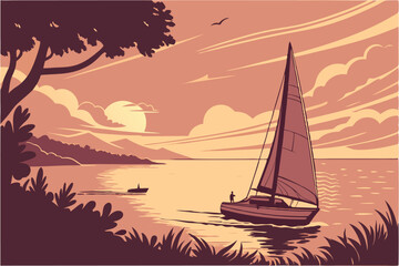 Naklejka premium 89 Sailboat at sunset, golden hour on calm sea, silhouette of yacht, dramatic sky, sun reflecting on water, peaceful ocean scene, photorealistic, high detail, warm color palette, serene atmosphere, ci