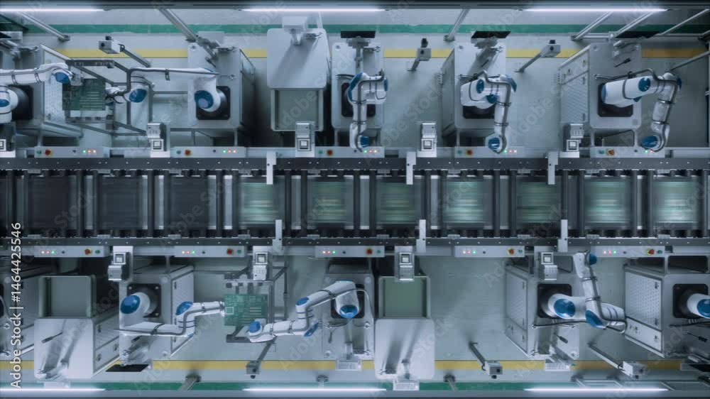 Poster Innovative Manufacturing Factory with Industrial Robots Producing Circuit Boards in a High-Tech Automated Factory. Facility Building Microelectronics Components with Robotic Arms. Top Down Footage