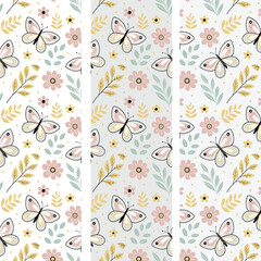 Cute seamless pattern on floral and butterfly theme. cute floral pattern in hand drawn style. suitable for baby designs