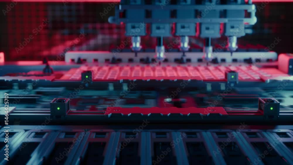 Poster PCB Printing and Prototyping Machine with Robotic Arm Producing Computer Components, Fabricating Circuit Boards with Microchips. Futuristic AI Manufacturing with the Help of Robotics