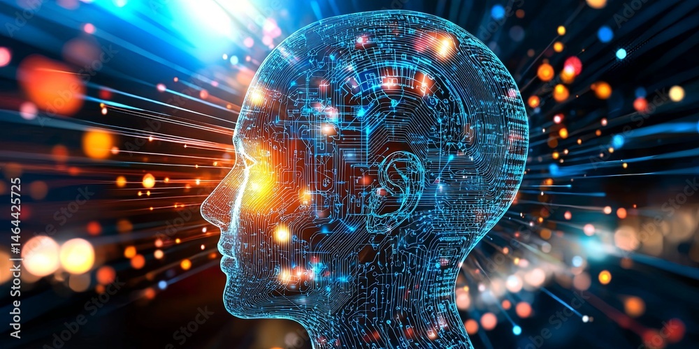 Poster Digital Human Head Outline Created with Blue Particle Network Representing Technology and Artificial Intelligence Concepts