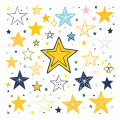 Vector set of hand drawn stars, design elements, badges, stickers, geometric figures - abstract background elements for branding, packaging, prints and social media