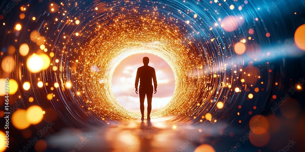 Poster silhouette of a person standing before a bright circular portal of light surrounded by digital parti