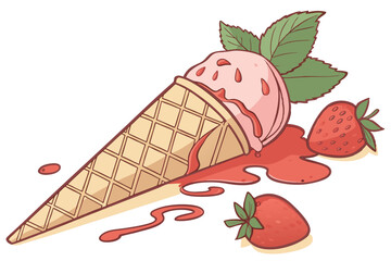 90 Ice cream cone, strawberry scoops, waffle cone, fresh strawberries, mint leaves, dripping syrup, realistic, vibrant colors, high detail, studio lighting, food photography, closeup, white background