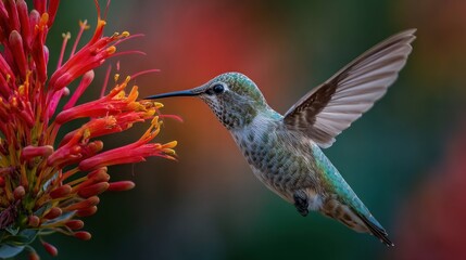 Naklejka premium Hummingbird feeding from red tubular flower 