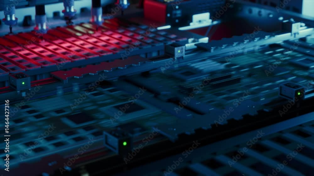 Poster Automated Machinery Assembling Circuit Boards and Graphics Processing Units on a Conveyor. Microelectronics Manufacturing in a Modern Facility. High-Tech Industrial Technology Production