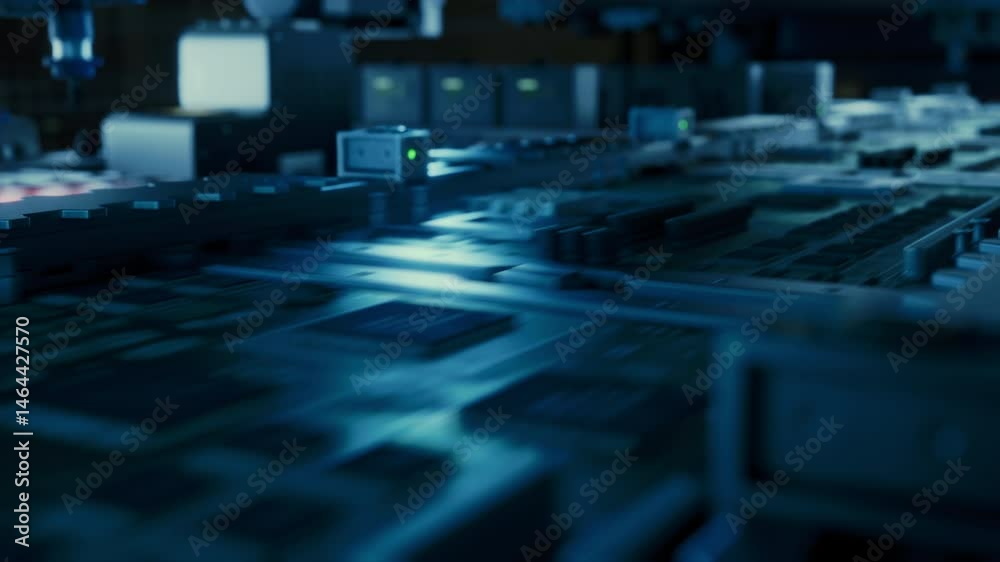 Poster Automated Electronic Components Assembly on an Advanced Factory Conveyor, Working on Circuit Board and Chip Manufacturing. Technological Microelectronics Fabrication Industry Footage