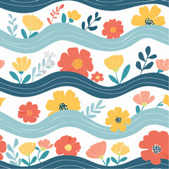 Vector seamless pattern in simple floral wavy and groovy naive style, ocean and vacation theme, flowers and plants, floral botanic hand drawn design templates, modern art prints, surface ...