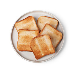 Pieces of tasty toast bread isolated on white, top view