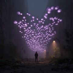 Fototapeta premium Luminous purple lights illuminate a desolate urban pathway.