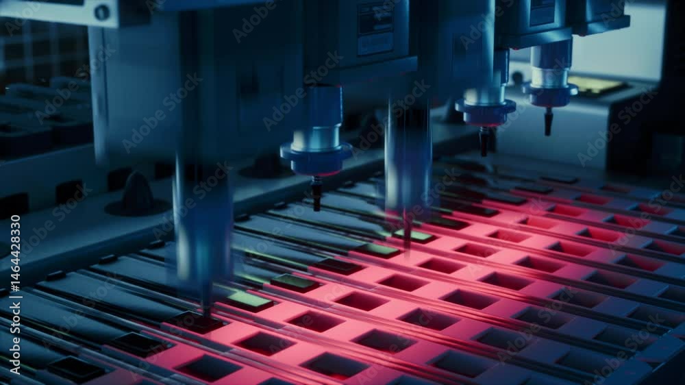 Poster Close Up Macro Footage of Electronic Printed Circuit Board Being Assembled with Automated Robotic Arm, Surface Mounted Technology Connecting Microchips, Semiconductors, Capacitors to the Motherboard