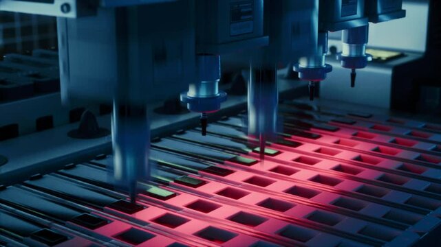 Close Up Macro Footage of Electronic Printed Circuit Board Being Assembled with Automated Robotic Arm, Surface Mounted Technology Connecting Microchips, Semiconductors, Capacitors to the Motherboard